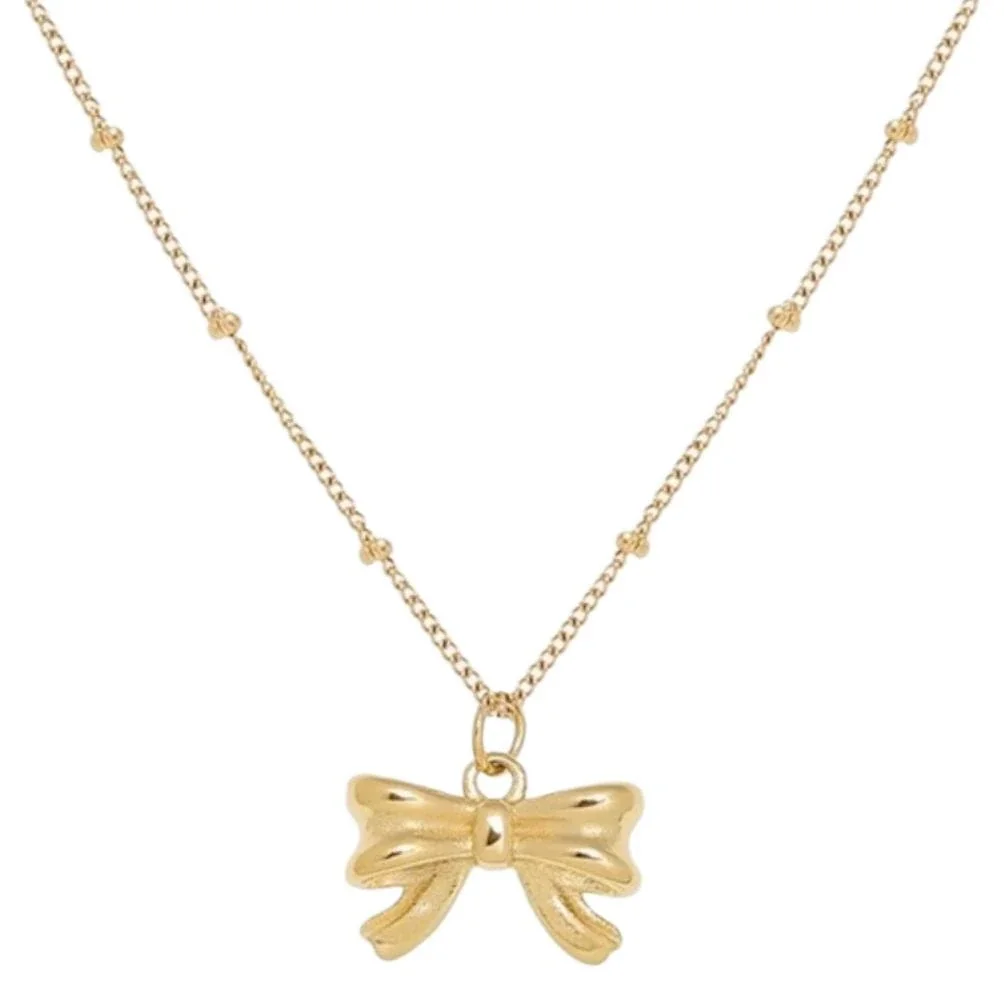Anklet with Sculpted Bow Charm and Beaded Stainless Steel Chain