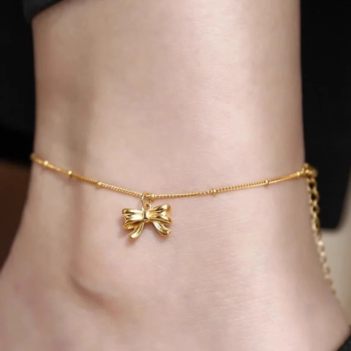 Anklet with Sculpted Bow Charm and Beaded Stainless Steel Chain