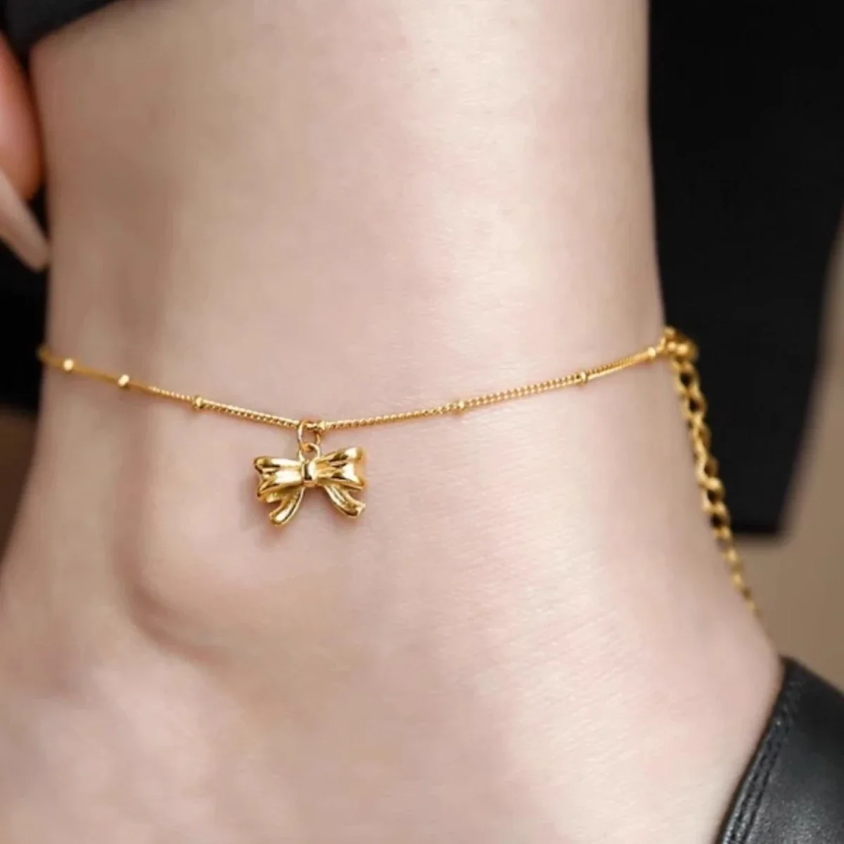 Anklet with Sculpted Bow Charm and Beaded Stainless Steel Chain