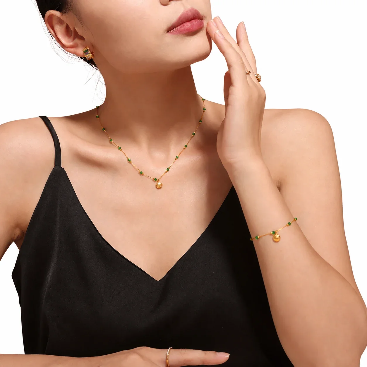 Coastal 18K Gold-Plated Scallop Green Crystal Necklace