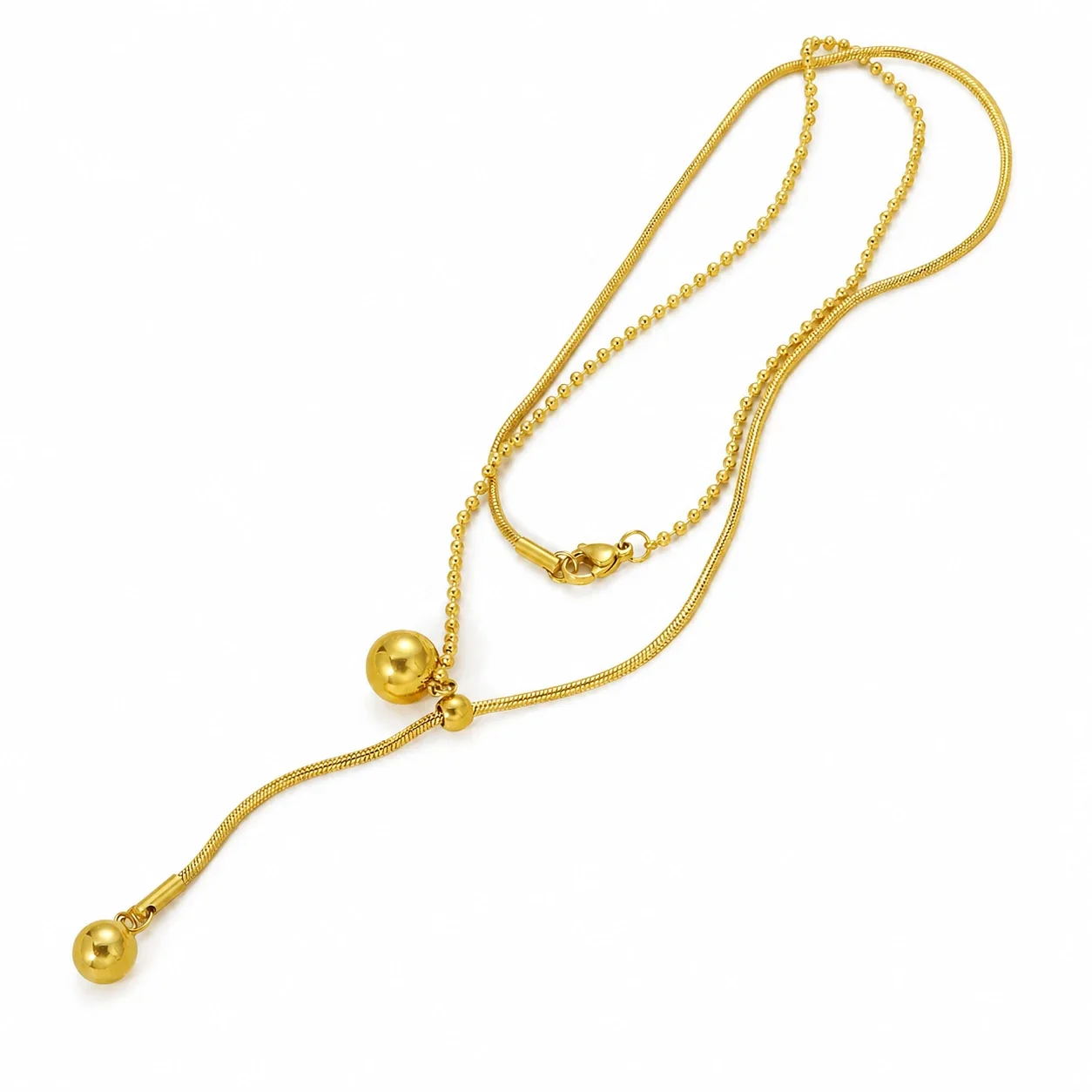 Sleek Stainless Steel Snake & Ball Lariat Necklace