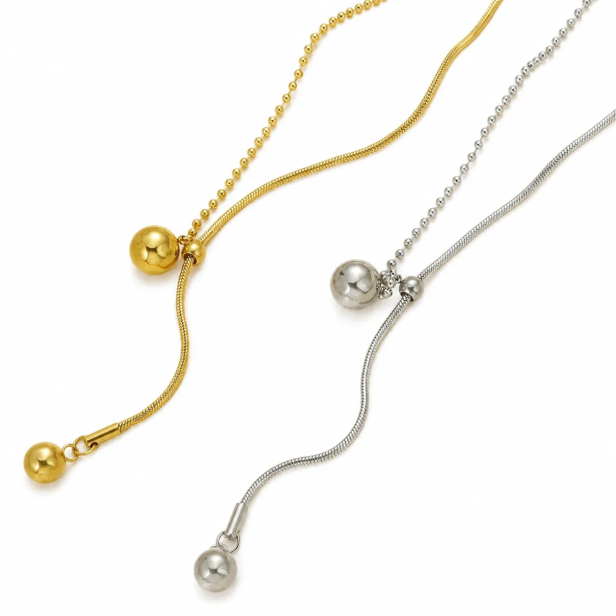 Sleek Stainless Steel Snake & Ball Lariat Necklace