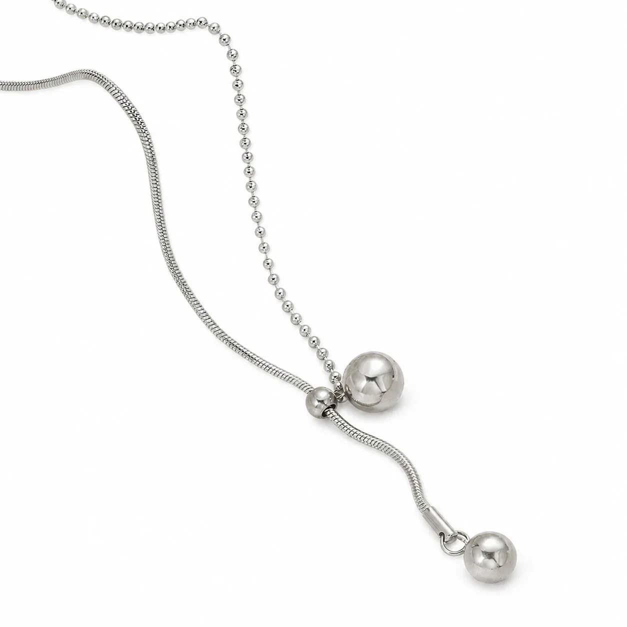 Sleek Stainless Steel Snake & Ball Lariat Necklace