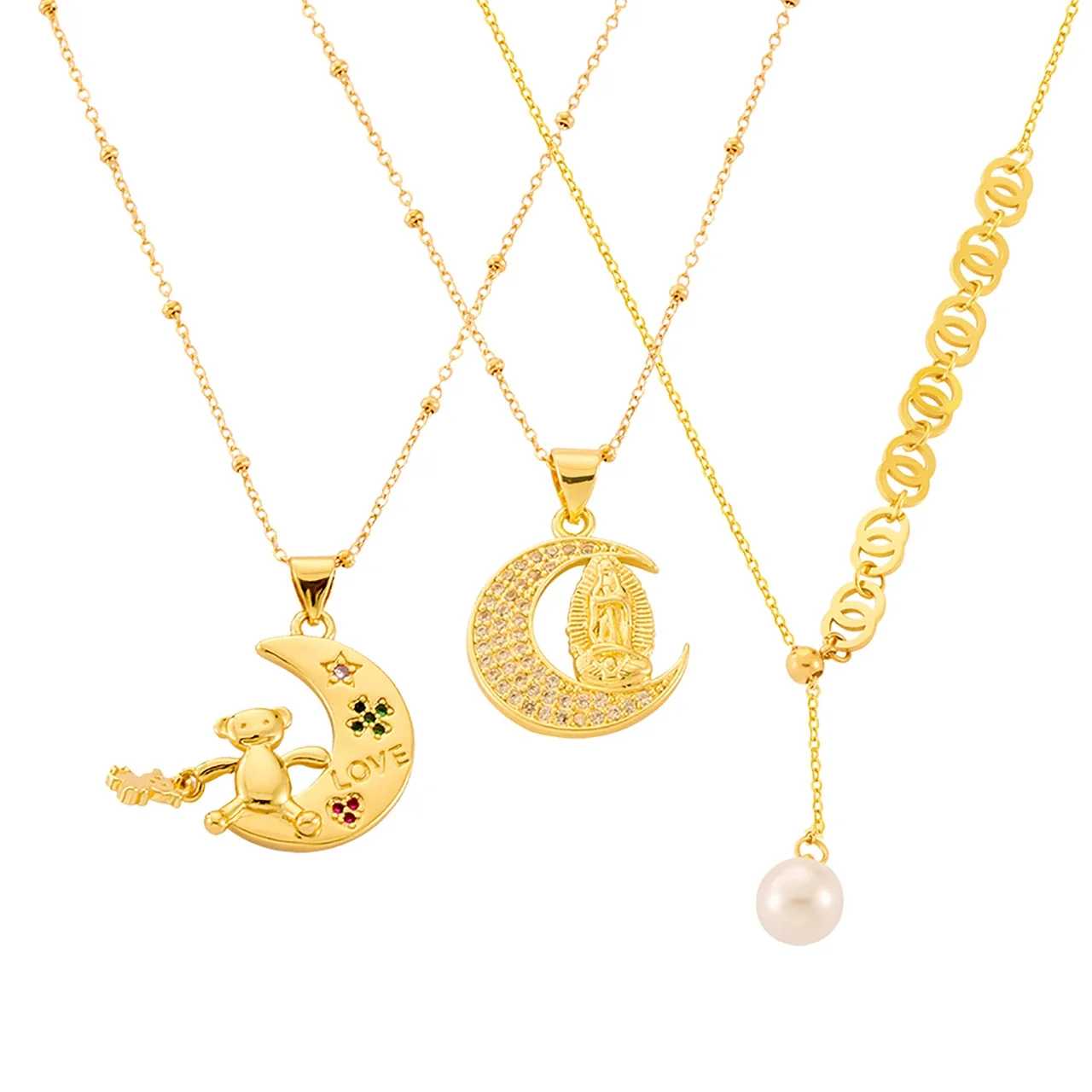 Pendant Necklace with Geometric Motifs, Gold-Plated Stainless Steel
