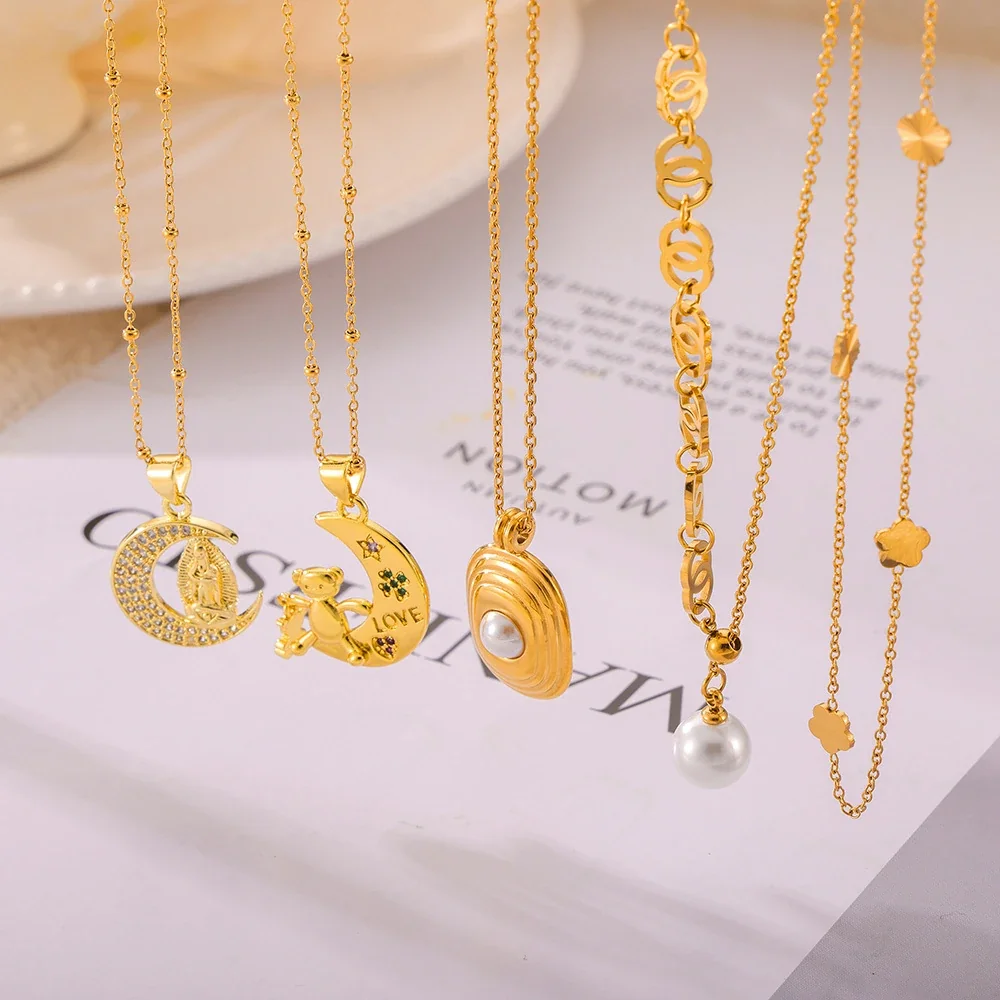 Pendant Necklace with Geometric Motifs, Gold-Plated Stainless Steel