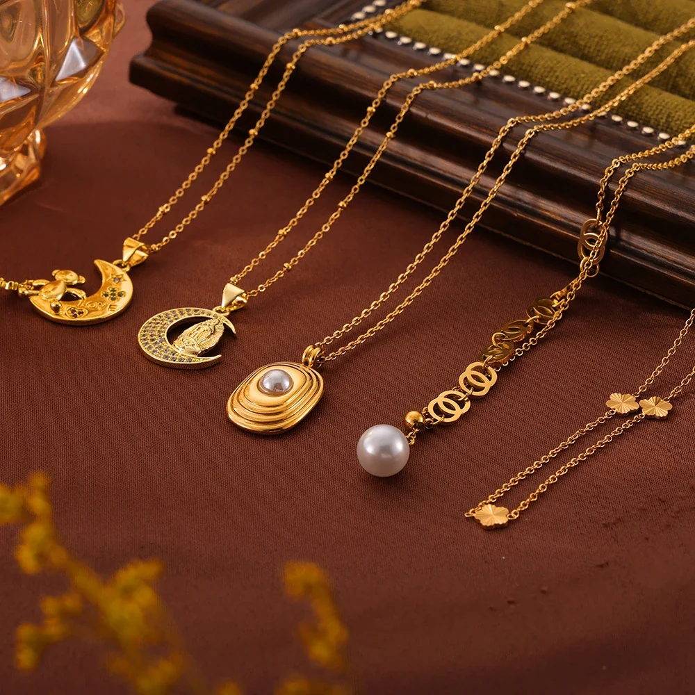 Pendant Necklace with Geometric Motifs, Gold-Plated Stainless Steel