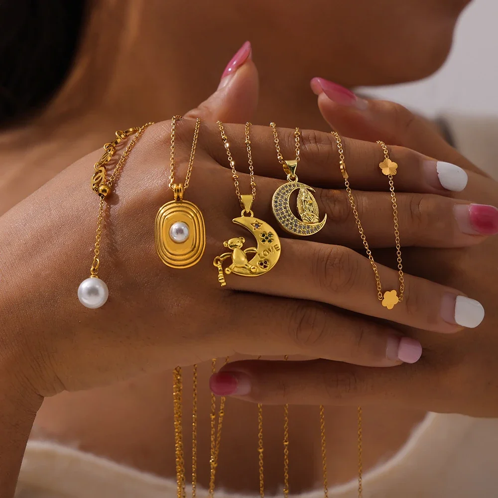 Pendant Necklace with Geometric Motifs, Gold-Plated Stainless Steel