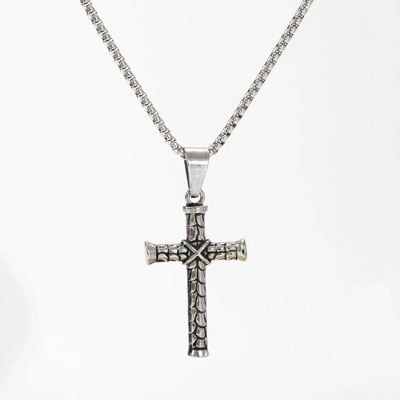 Cross Necklace with Bark Texture Box Chain, Stainless Steel