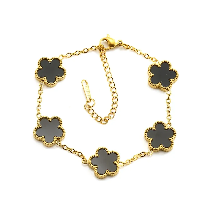 Ornate 18K Gold-Plated Five Clover Bead-Edge Bracelet