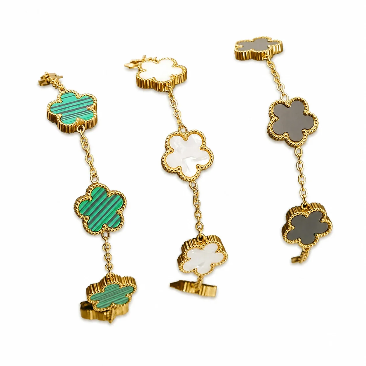 Ornate 18K Gold-Plated Five Clover Bead-Edge Bracelet