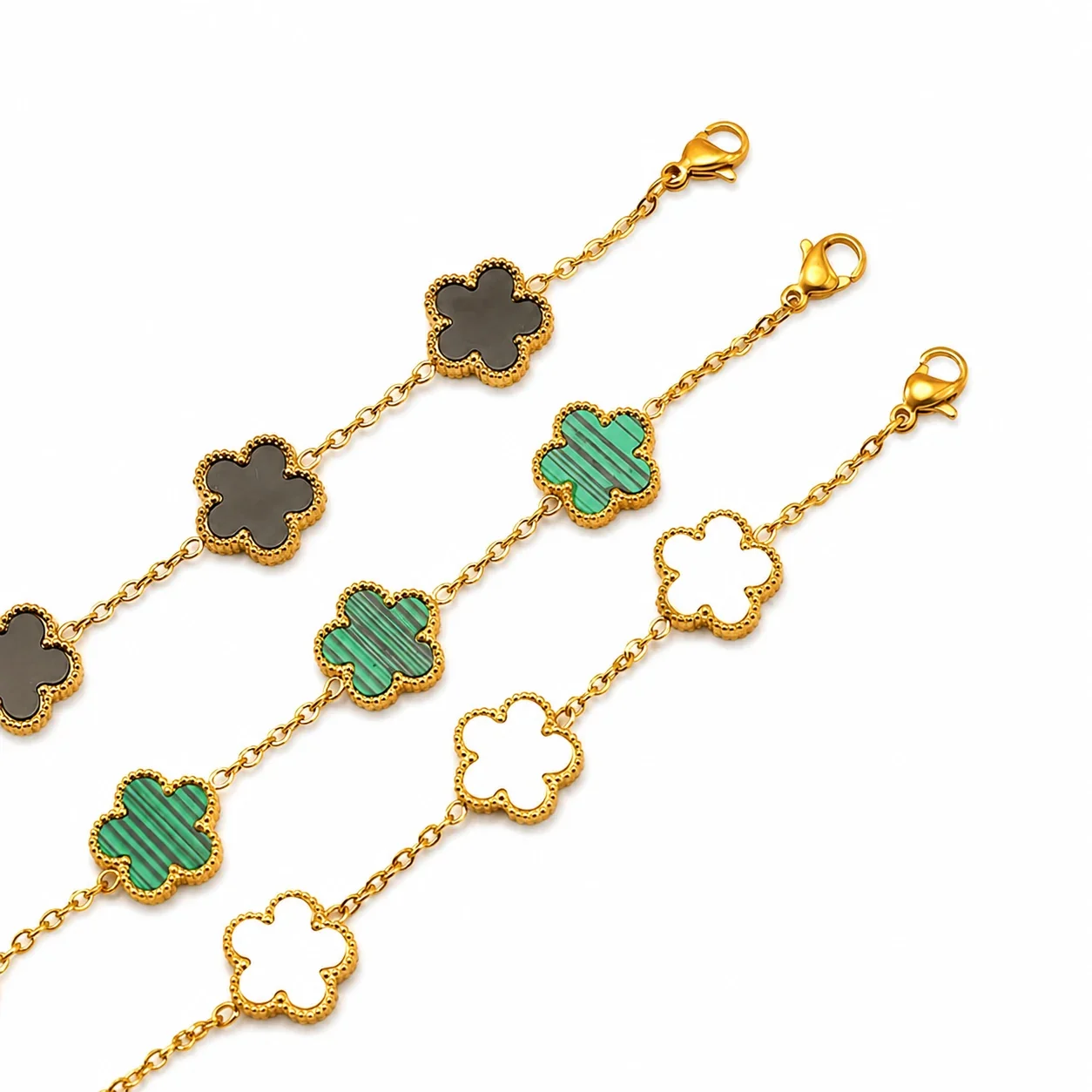Ornate 18K Gold-Plated Five Clover Bead-Edge Bracelet