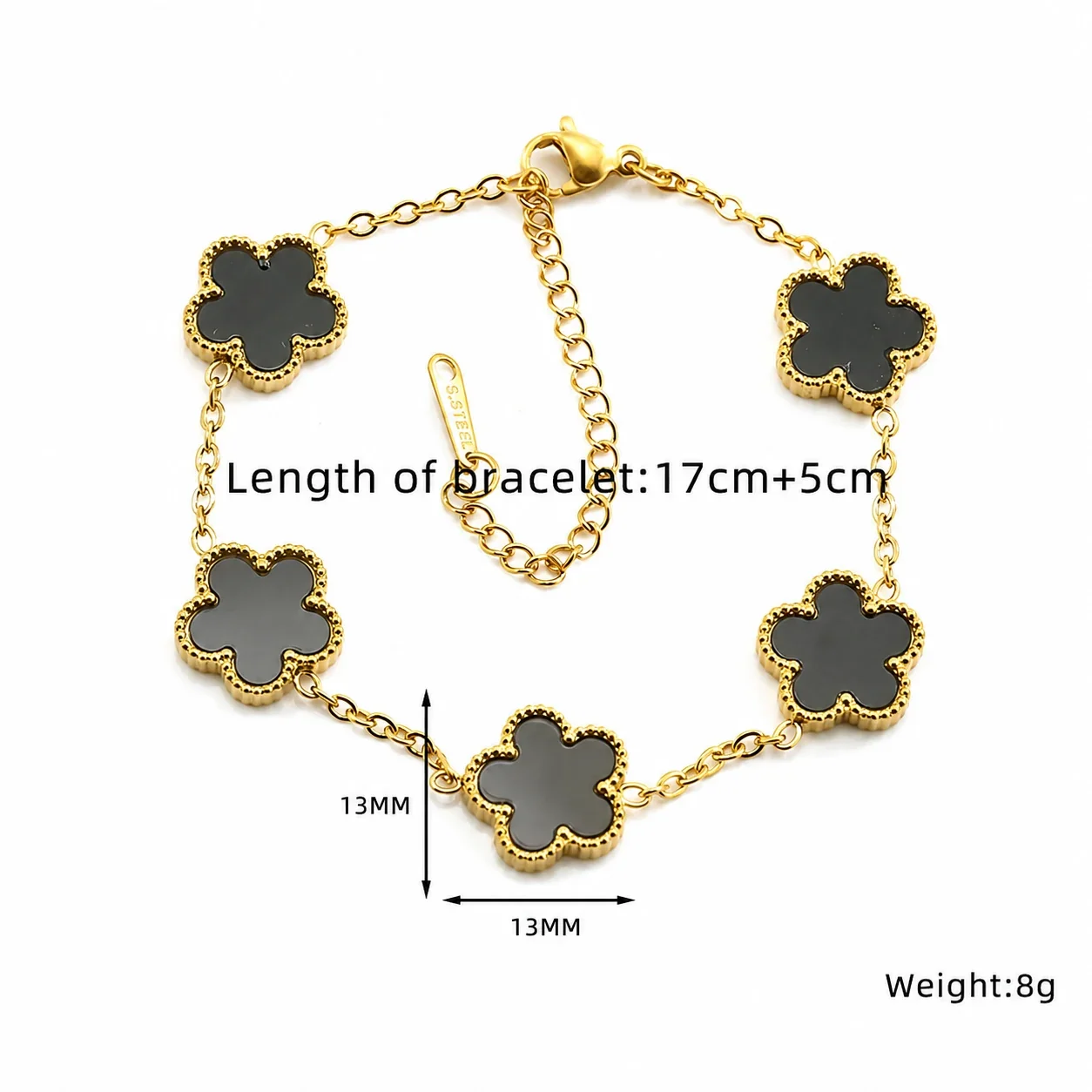 Ornate 18K Gold-Plated Five Clover Bead-Edge Bracelet - Green