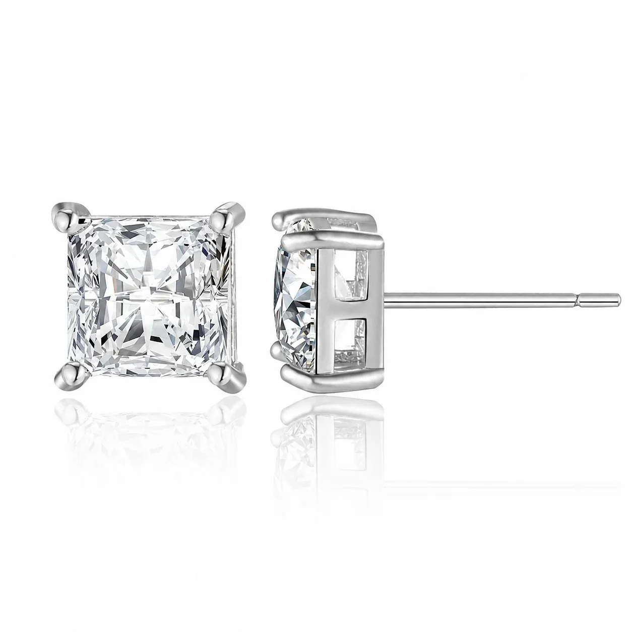 Polished 316 Stainless Steel Square CZ Stud Earrings - Silver Clear CZ
