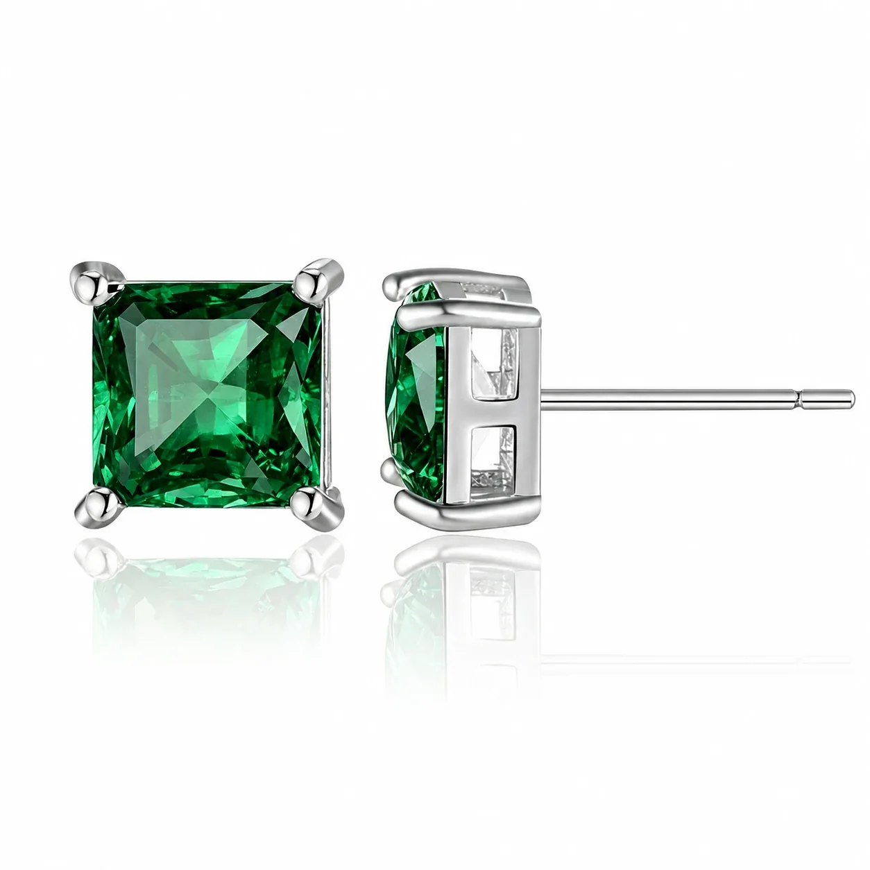 Polished 316 Stainless Steel Square CZ Stud Earrings - Silver Emerald CZ
