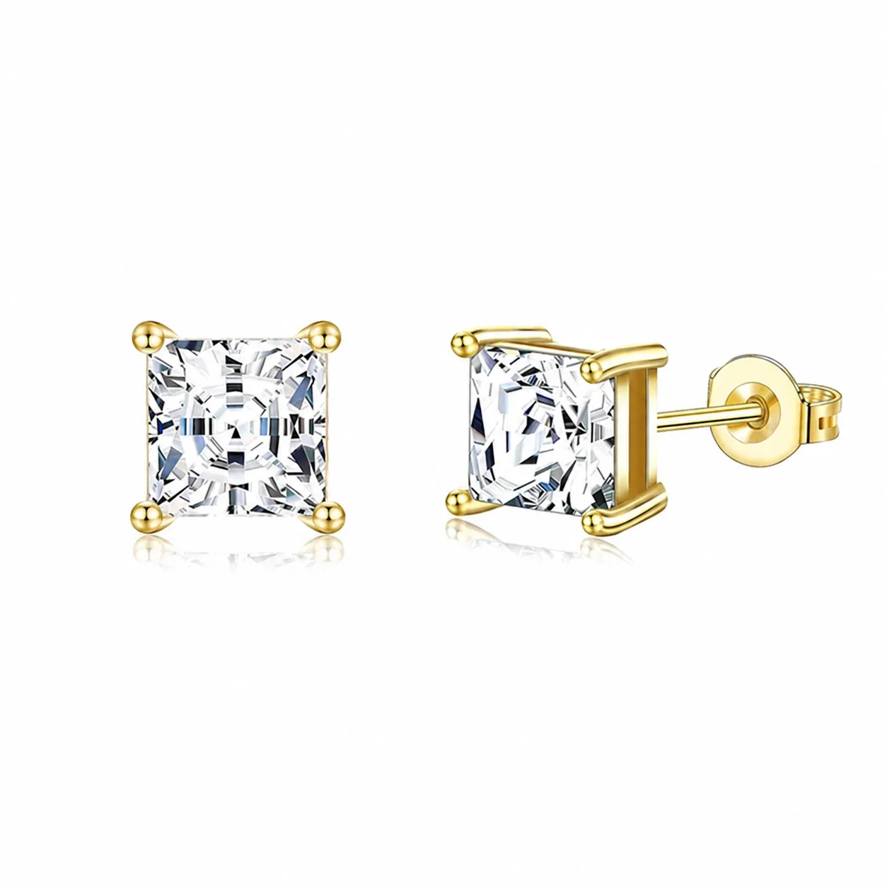 Polished 316 Stainless Steel Square CZ Stud Earrings - Gold Clear CZ