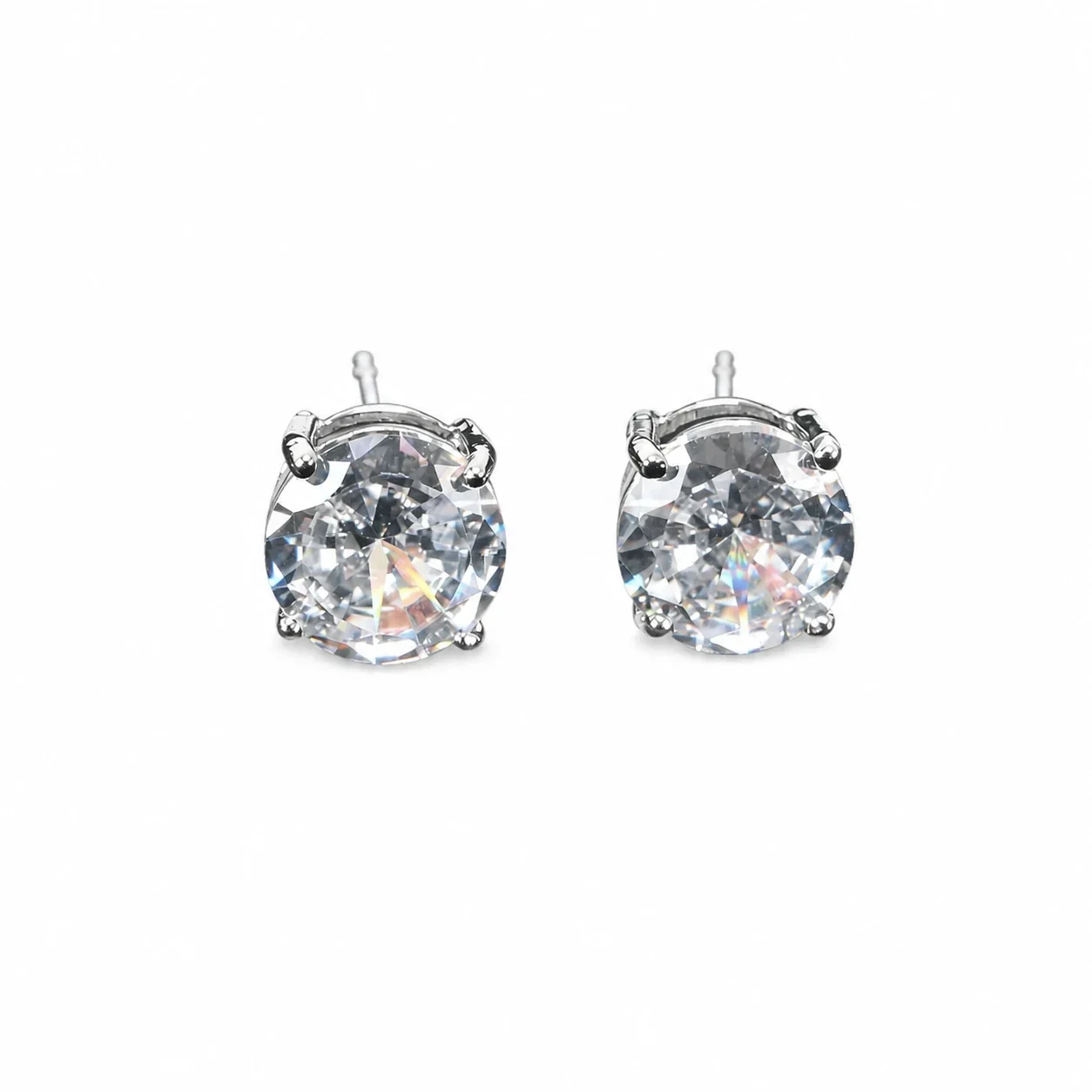 Brilliant 316 Stainless Steel Round Four-Prong Stud Earrings - Silver Clear CZ