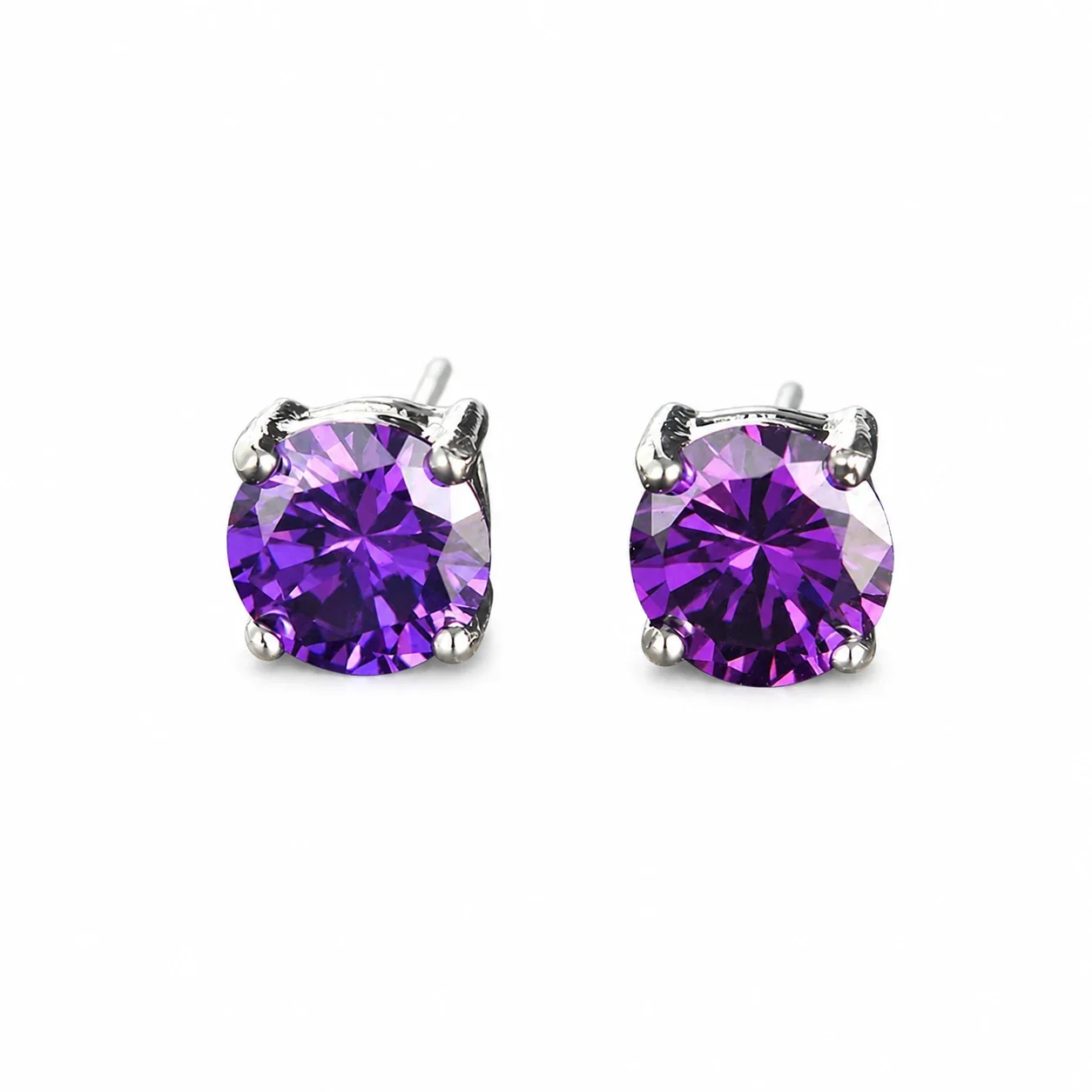 Brilliant 316 Stainless Steel Round Four-Prong Stud Earrings - Silver Purple CZ
