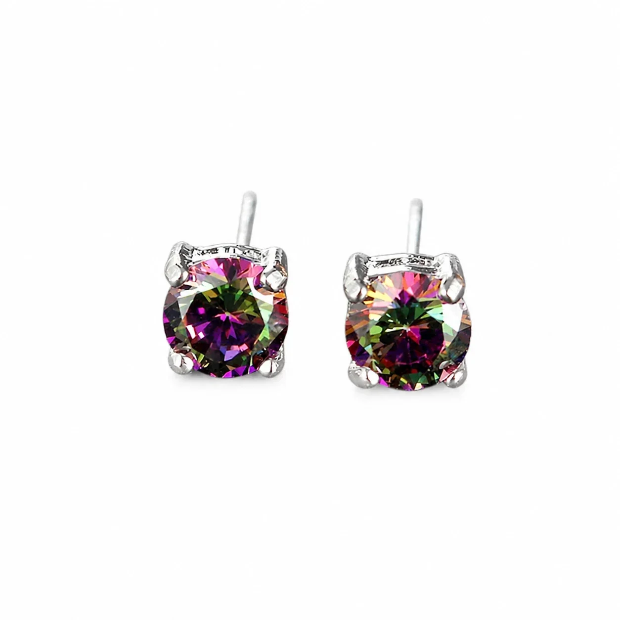 Brilliant 316 Stainless Steel Round Four-Prong Stud Earrings - Silver Rainbow CZ