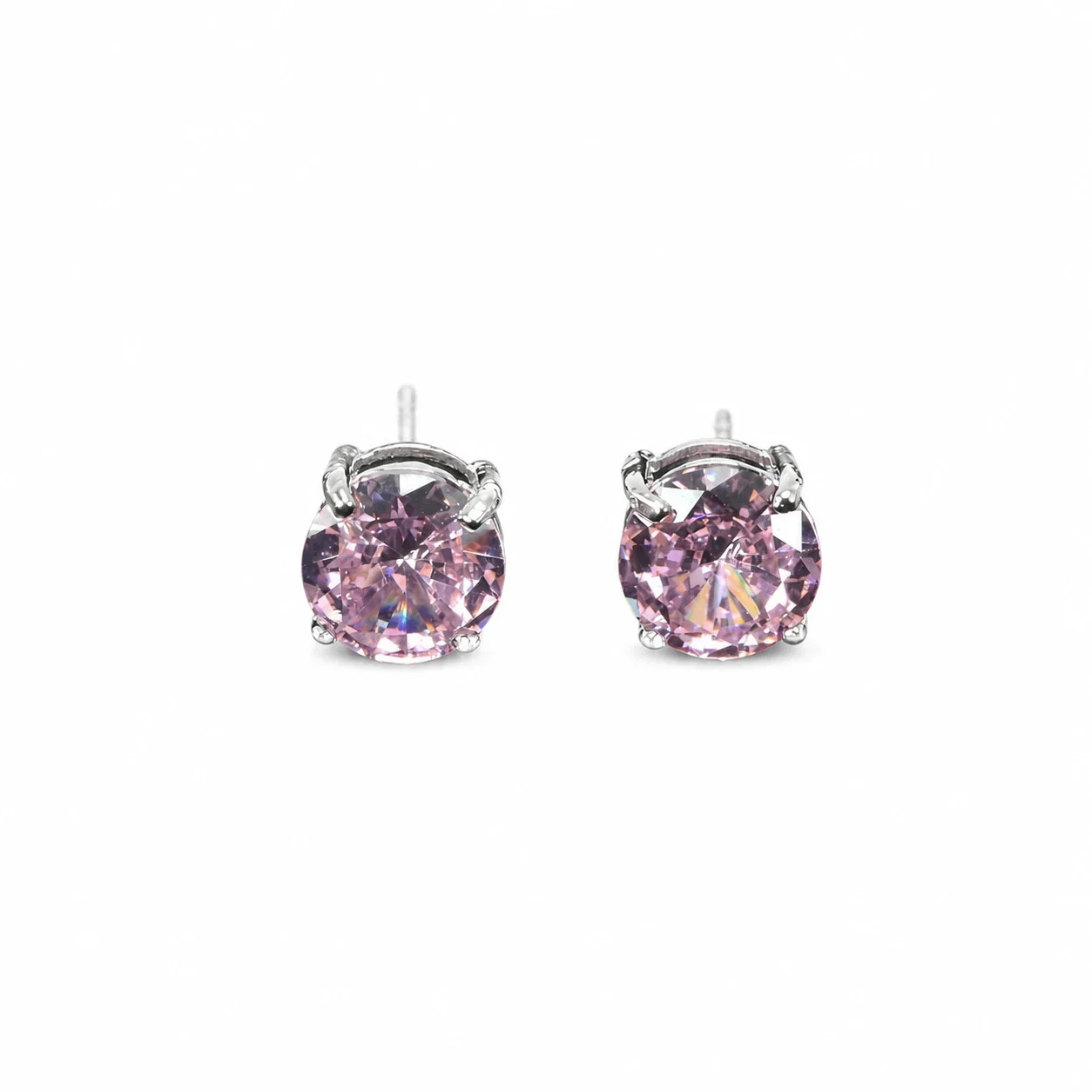 Brilliant 316 Stainless Steel Round Four-Prong Stud Earrings - Silver Pink CZ