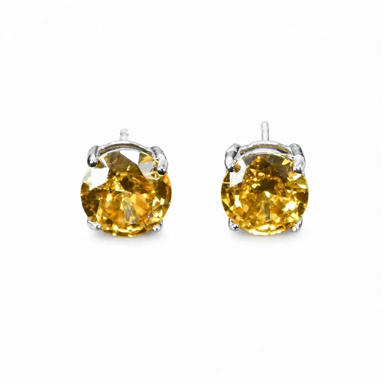 Brilliant 316 Stainless Steel Round Four-Prong Stud Earrings - Silver Yellow CZ