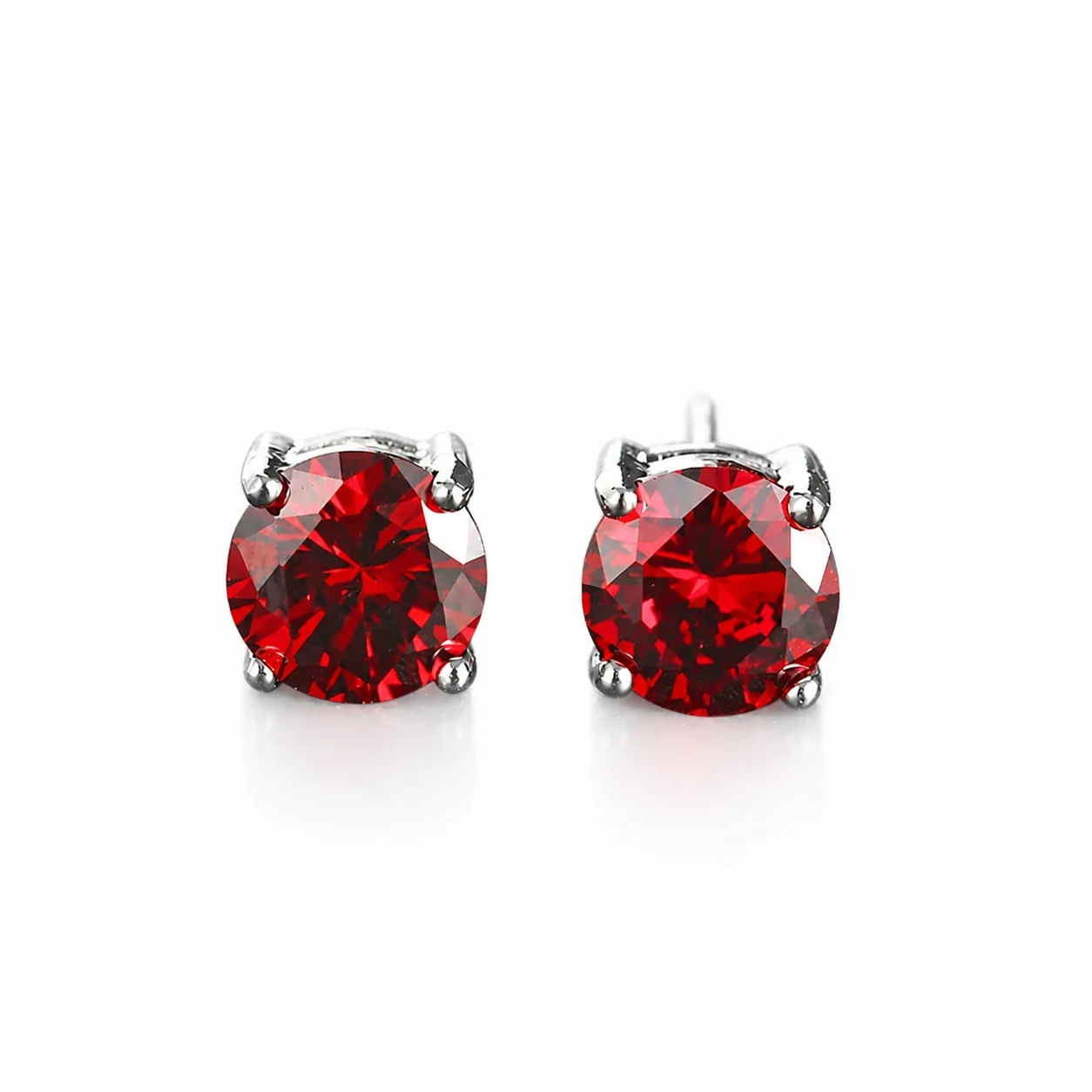 Brilliant 316 Stainless Steel Round Four-Prong Stud Earrings - Silver Garnet Red CZ
