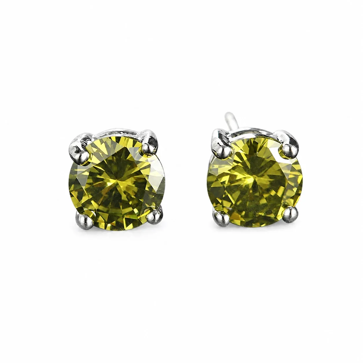 Brilliant 316 Stainless Steel Round Four-Prong Stud Earrings - Silver Olive Green CZ