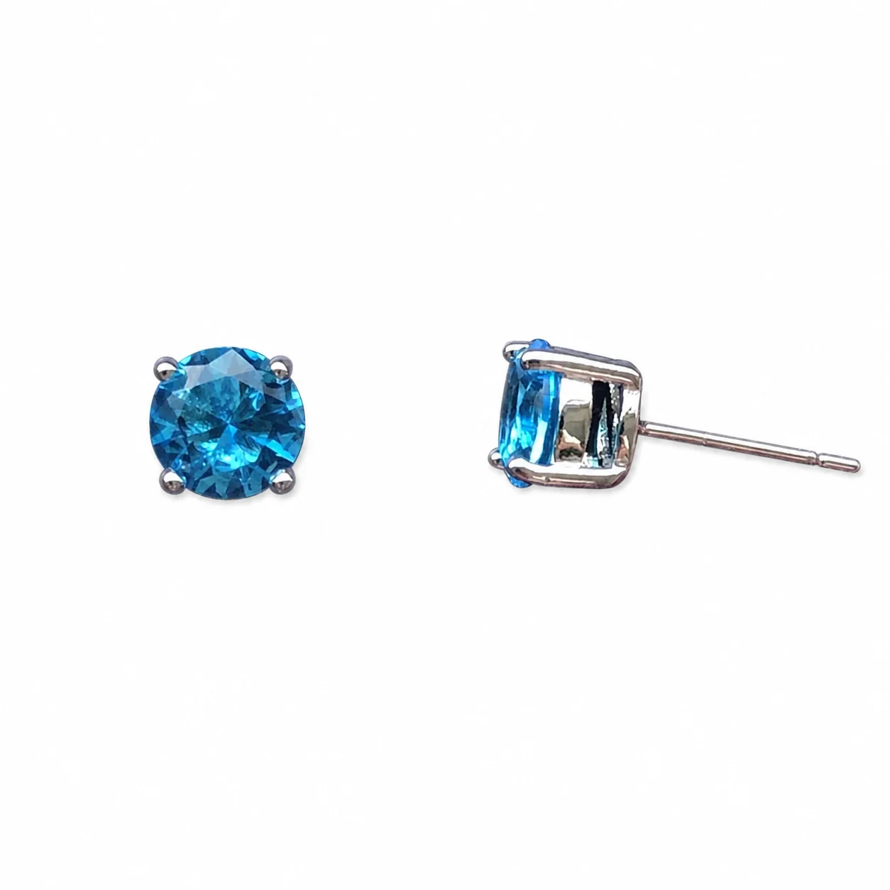 Brilliant 316 Stainless Steel Round Four-Prong Stud Earrings - Silver Sky Blue CZ