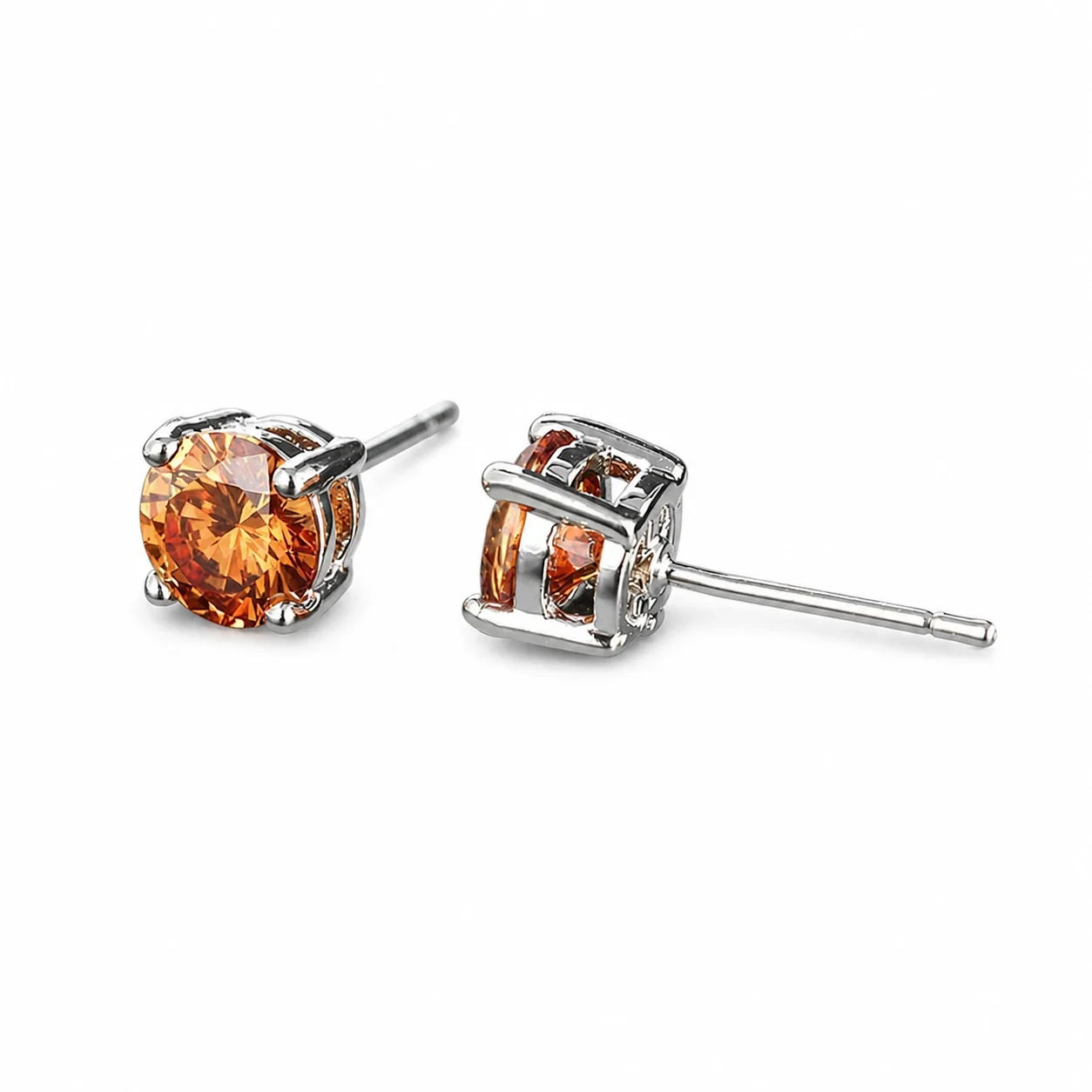 Brilliant 316 Stainless Steel Round Four-Prong Stud Earrings - Silver Champagne CZ