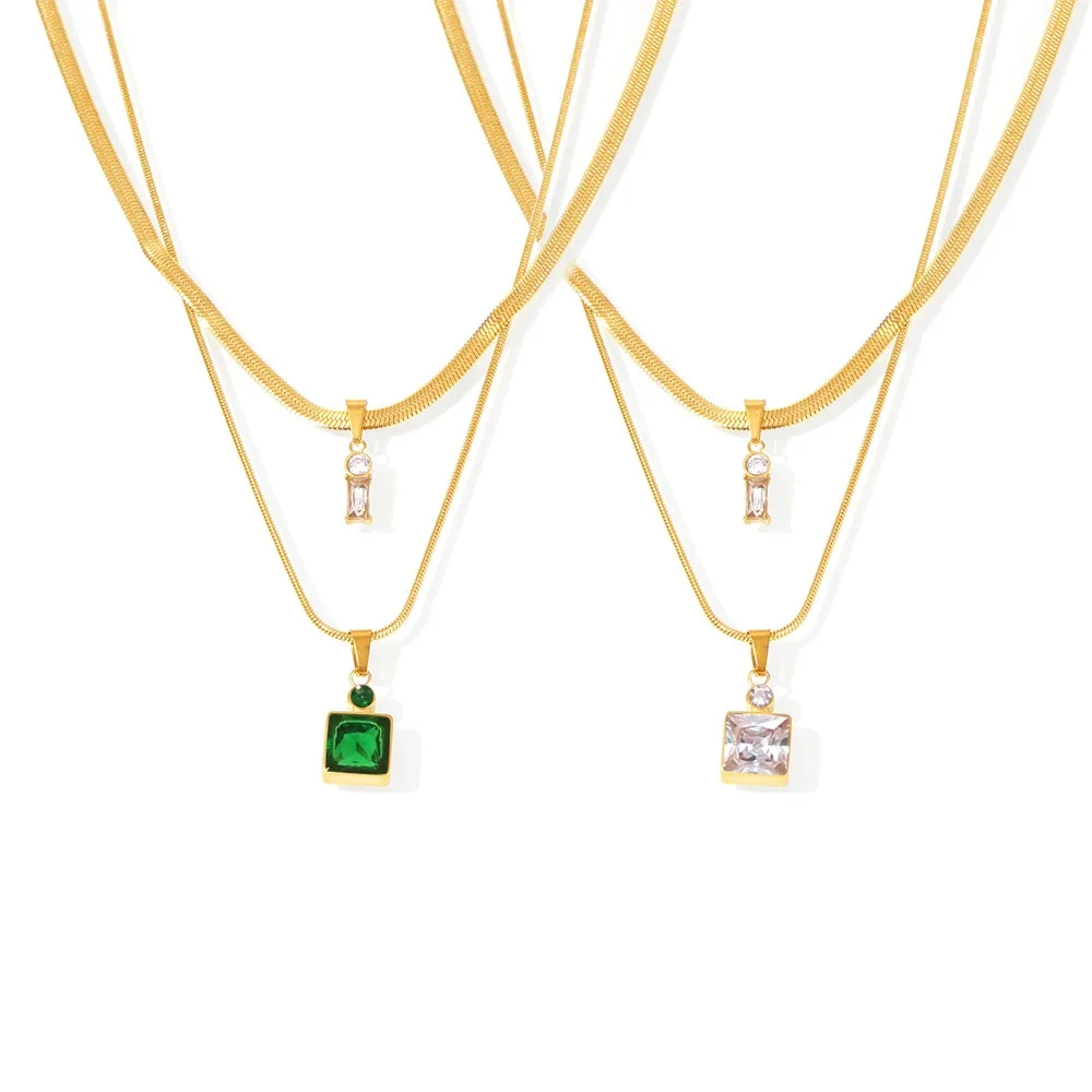 Layered Snake Chain Necklace with Square Crystals, Stainless Steel