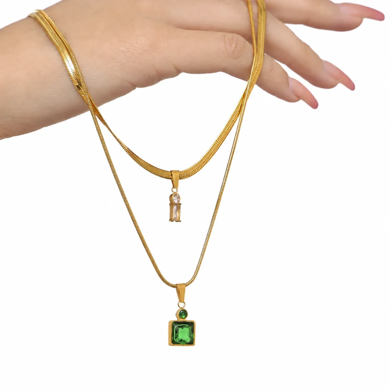 Layered Snake Chain Necklace with Square Crystals, Stainless Steel
