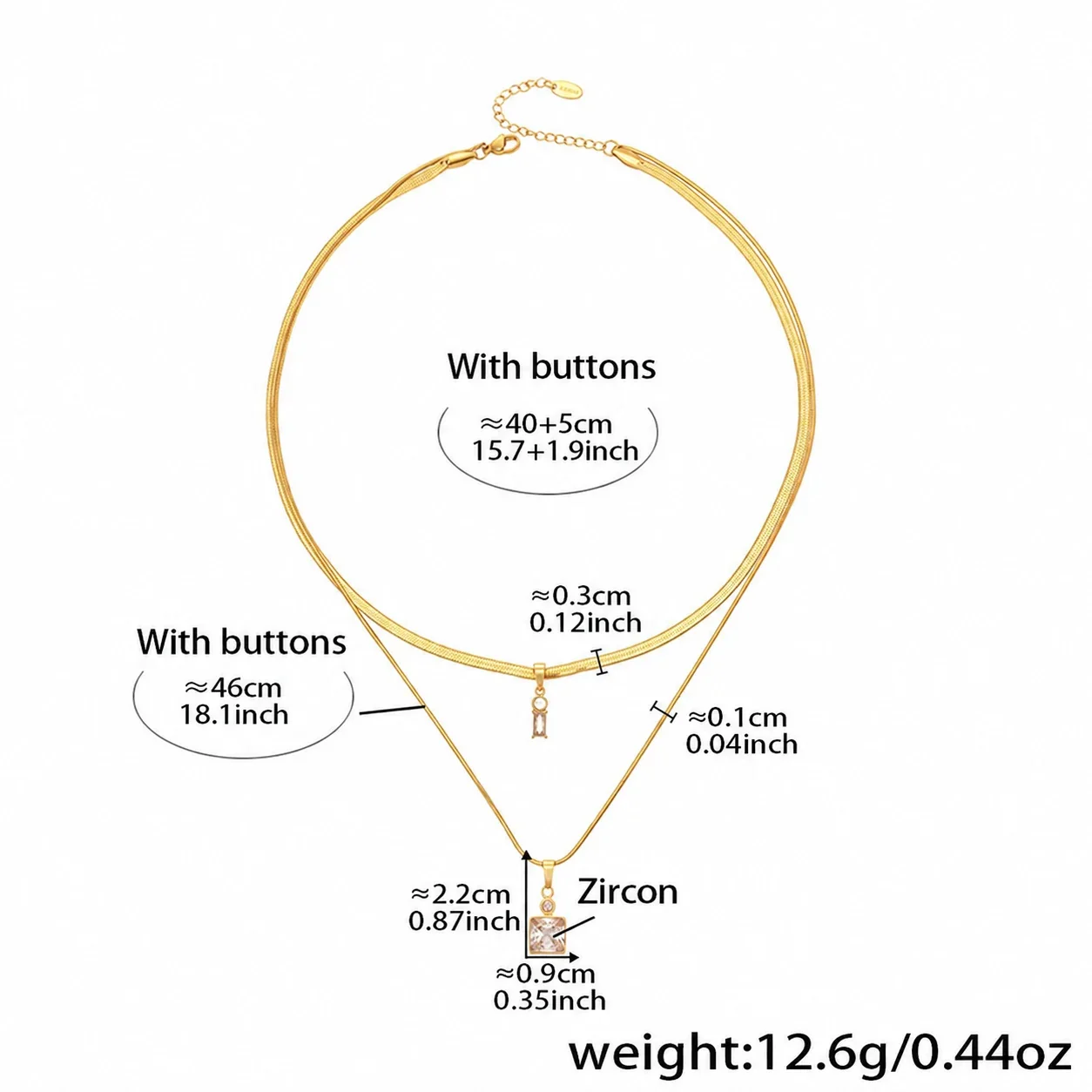 Layered Snake Chain Necklace with Square Crystals, Stainless Steel - Gold Clear Cubic Zirconia Layered