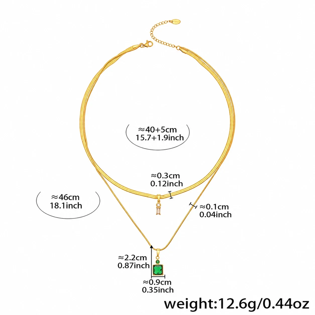 Layered Snake Chain Necklace with Square Crystals, Stainless Steel - Gold Green Cubic Zirconia Layered