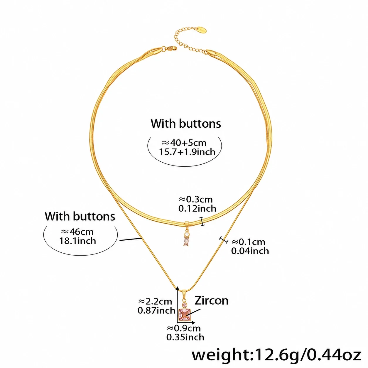 Layered Snake Chain Necklace with Square Crystals, Stainless Steel - Gold Pink Cubic Zirconia Layered