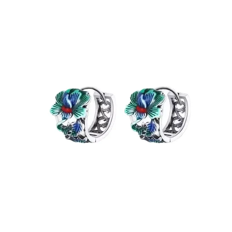 Ornate Silver-Plated Stainless Steel Peony Cutout Huggie Earrings