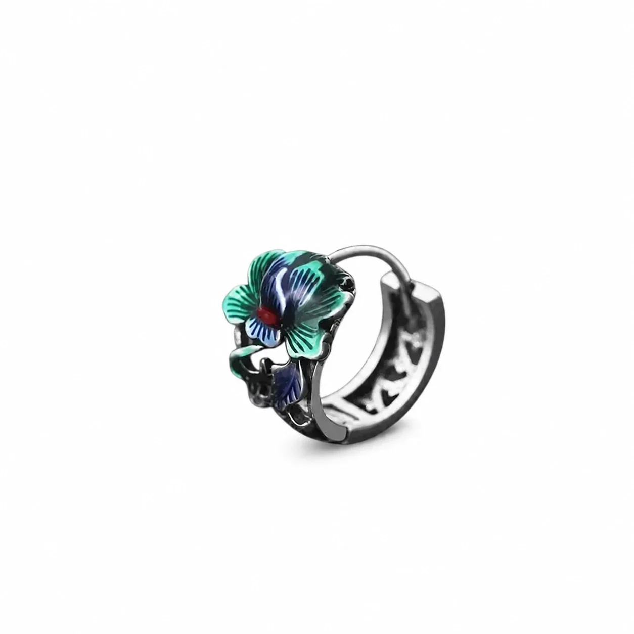 Ornate Silver-Plated Stainless Steel Peony Cutout Huggie Earrings