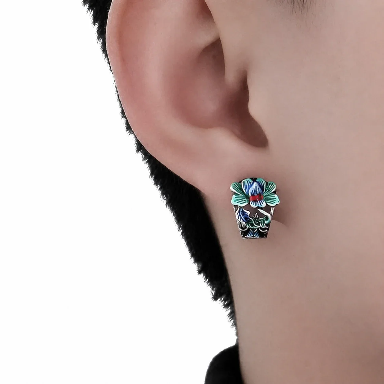 Ornate Silver-Plated Stainless Steel Peony Cutout Huggie Earrings
