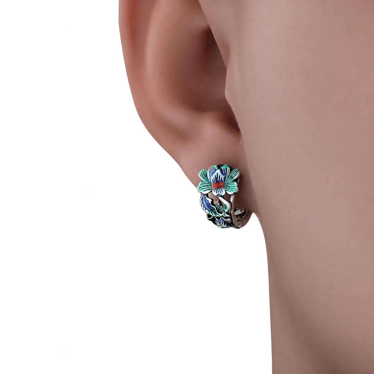 Ornate Silver-Plated Stainless Steel Peony Cutout Huggie Earrings