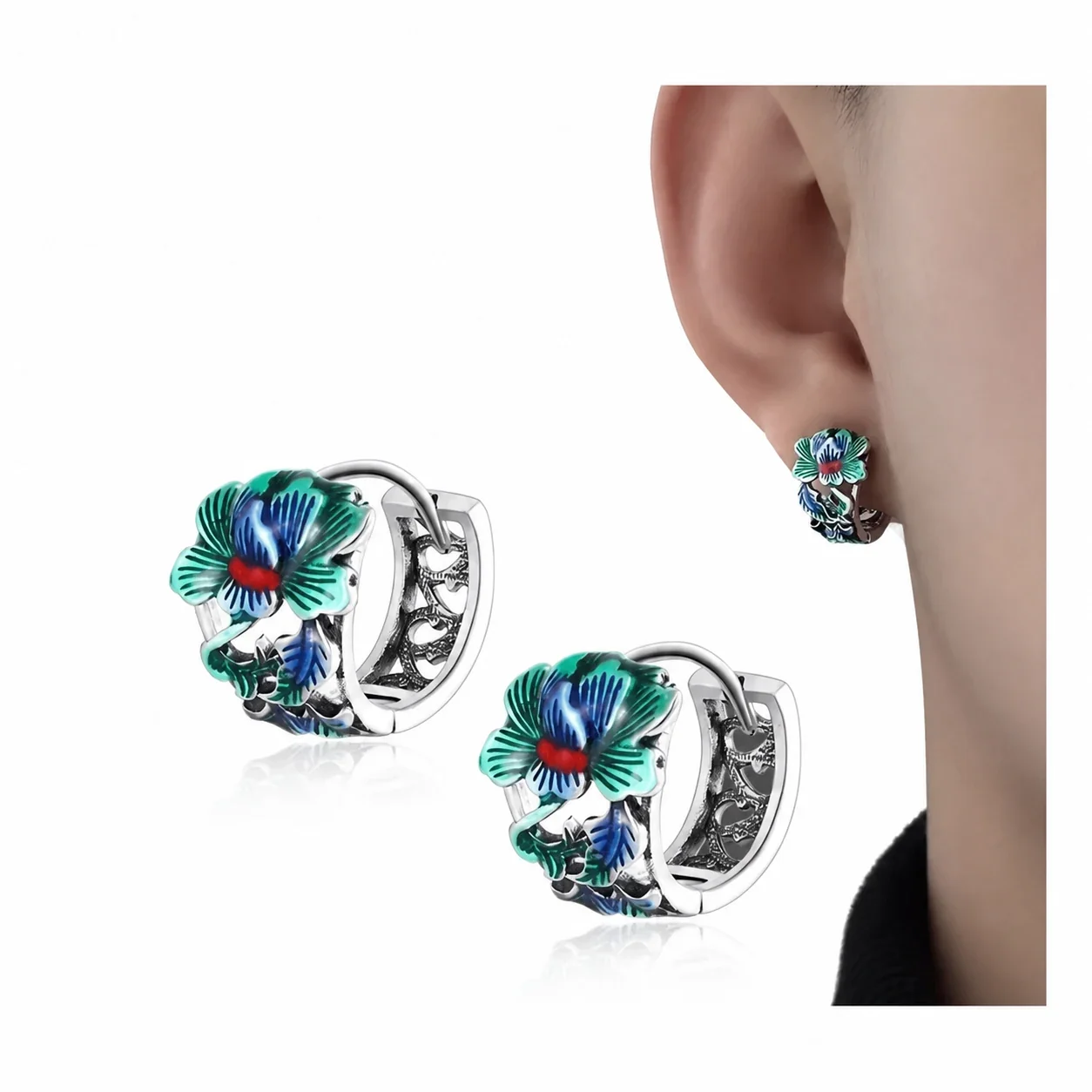 Ornate Silver-Plated Stainless Steel Peony Cutout Huggie Earrings