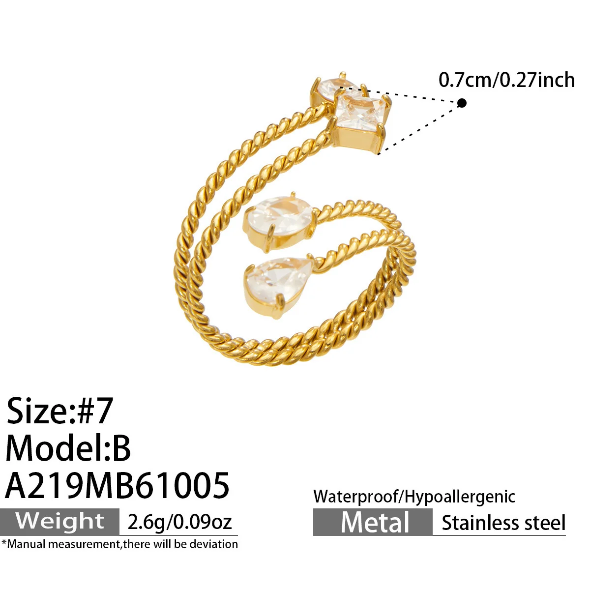 Open ring met gedraaide bypassband en zirkonia in zetting met klauwen, roestvrij staal productfoto