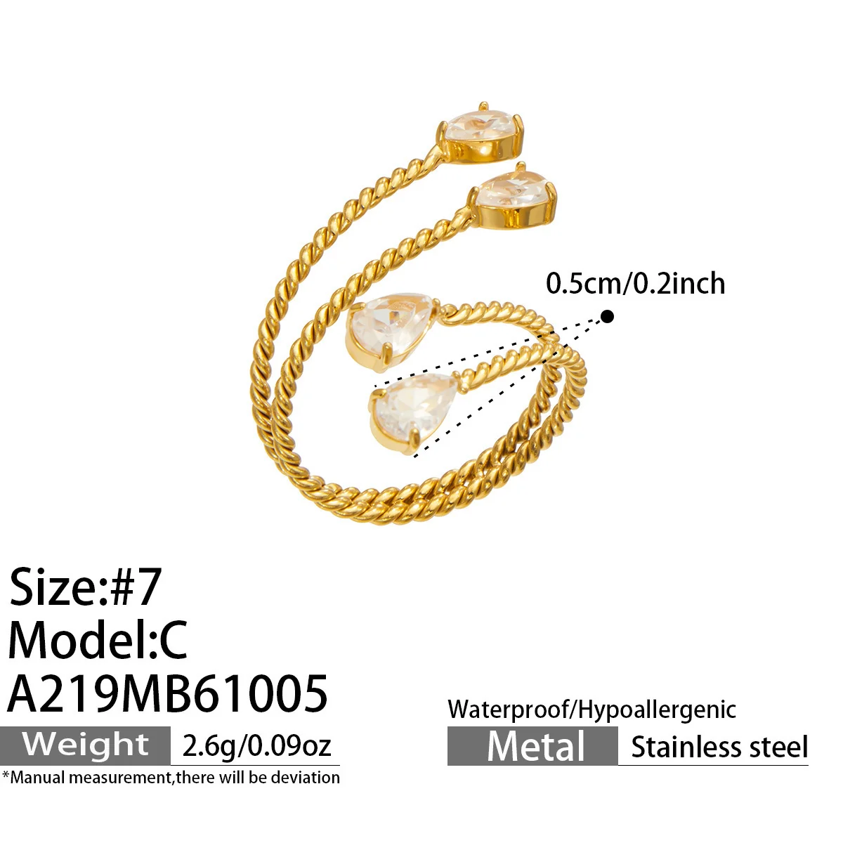 Open ring met gedraaide bypassband en zirkonia in zetting met klauwen, roestvrij staal productfoto