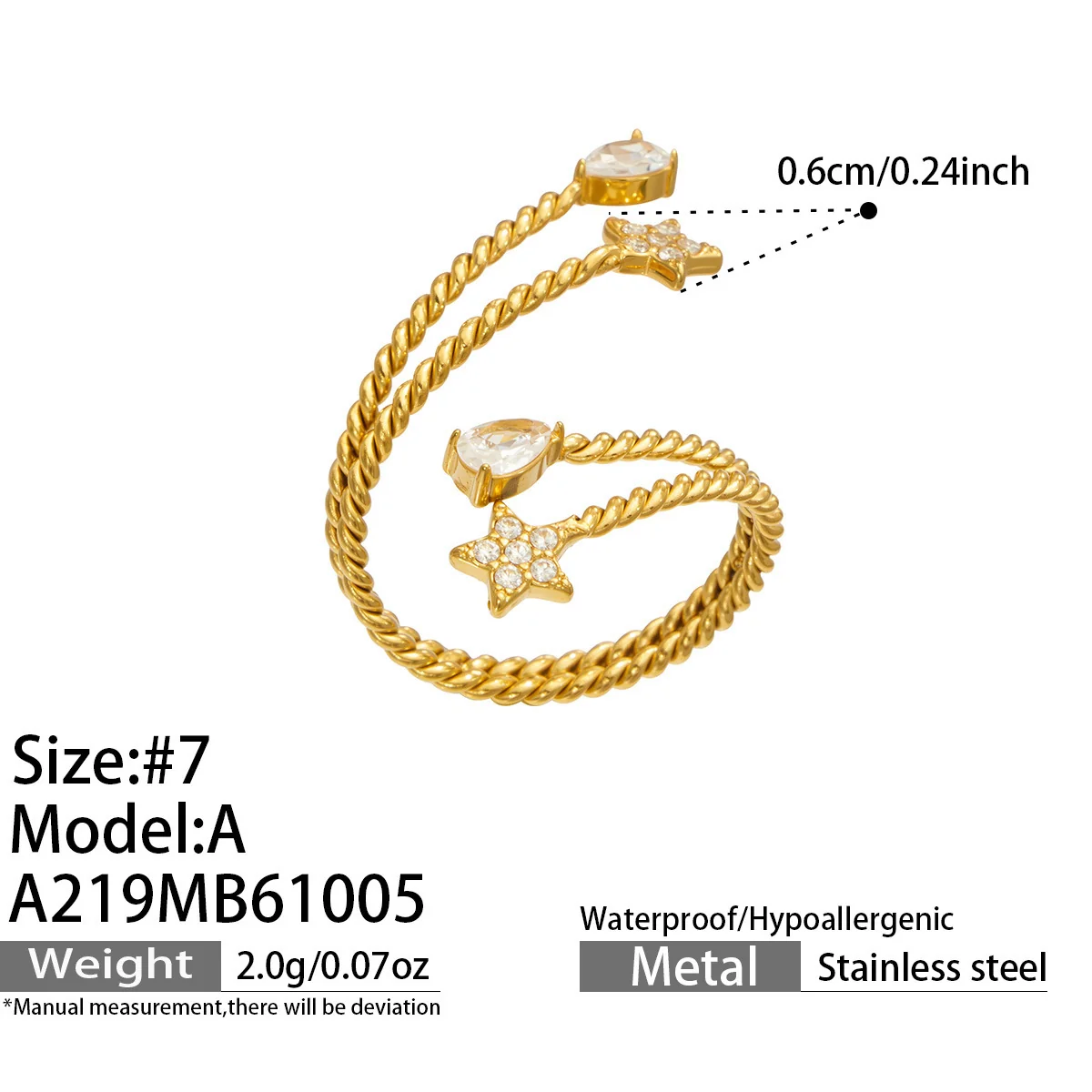 Open ring met gedraaide bypassband en zirkonia in zetting met klauwen, roestvrij staal productfoto