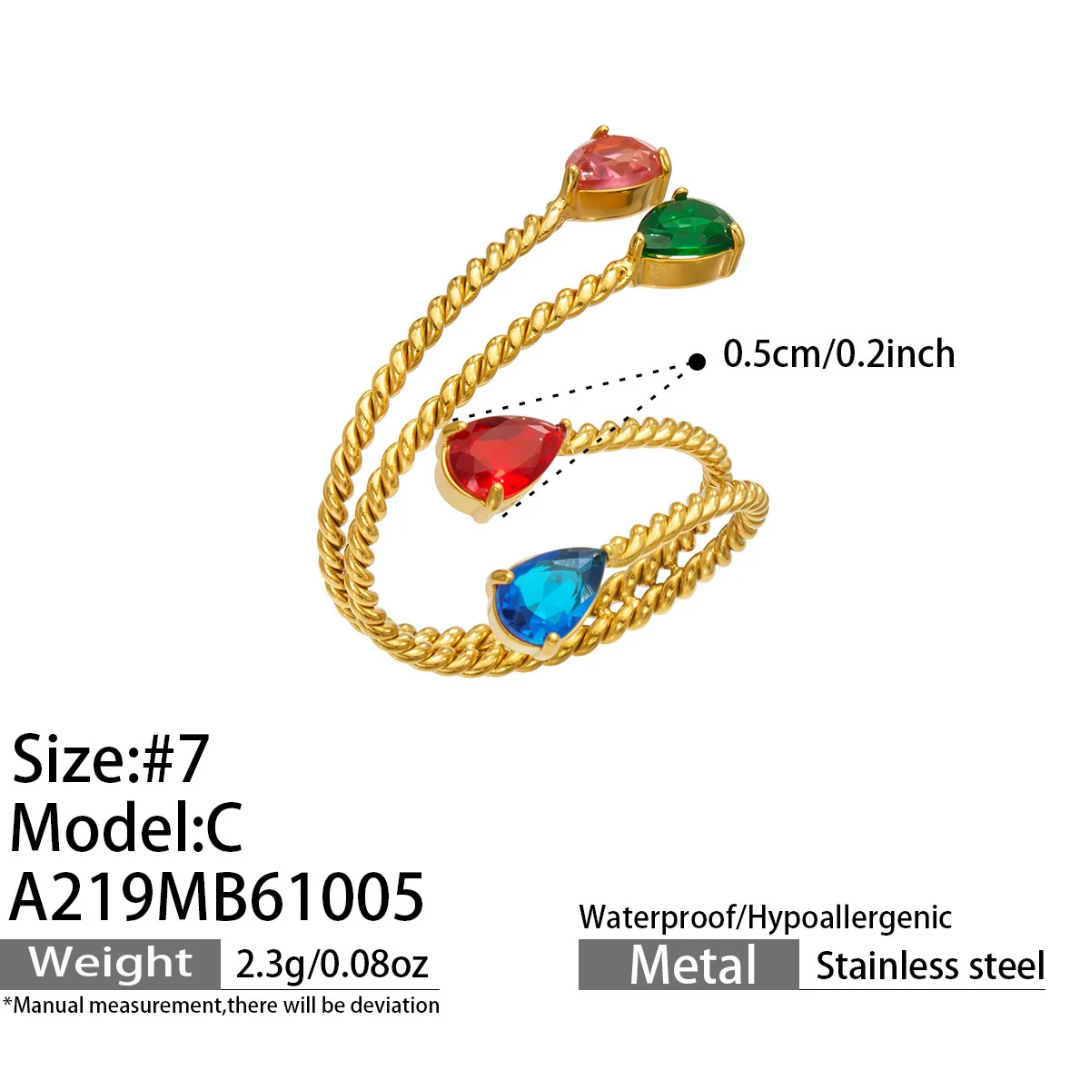 Open ring met gedraaide bypassband en zirkonia in zetting met klauwen, roestvrij staal productfoto