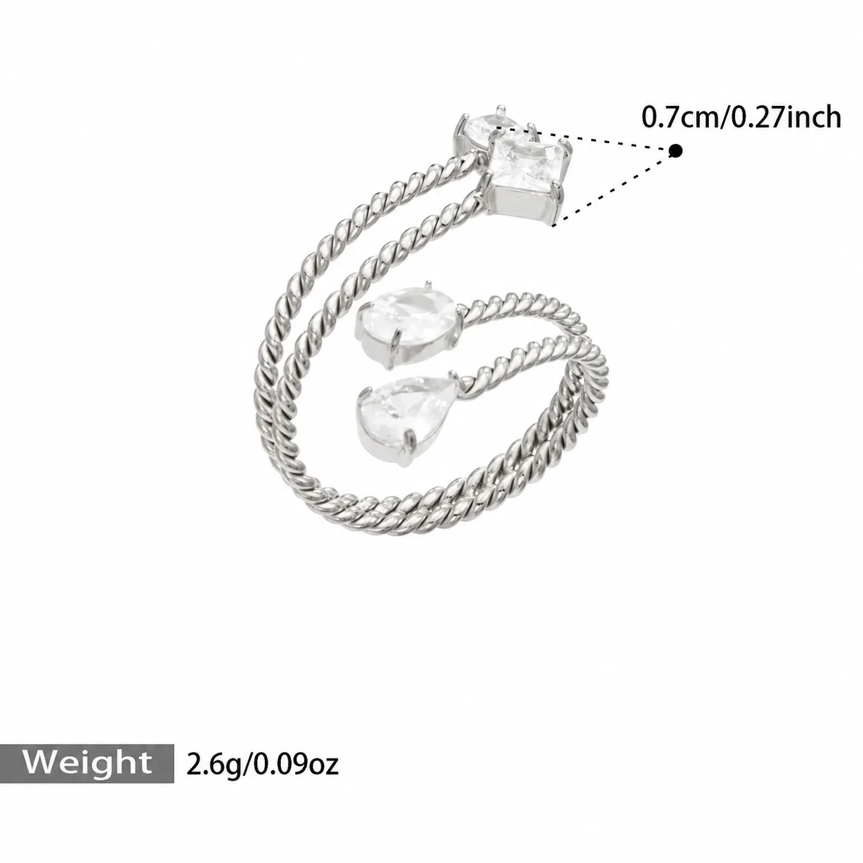 Open ring met gedraaide bypassband en zirkonia in zetting met klauwen, roestvrij staal productfoto