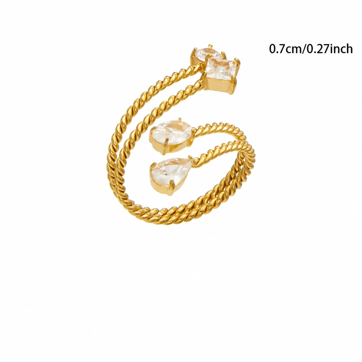 Open ring met gedraaide bypassband en zirkonia in zetting met klauwen, roestvrij staal productfoto