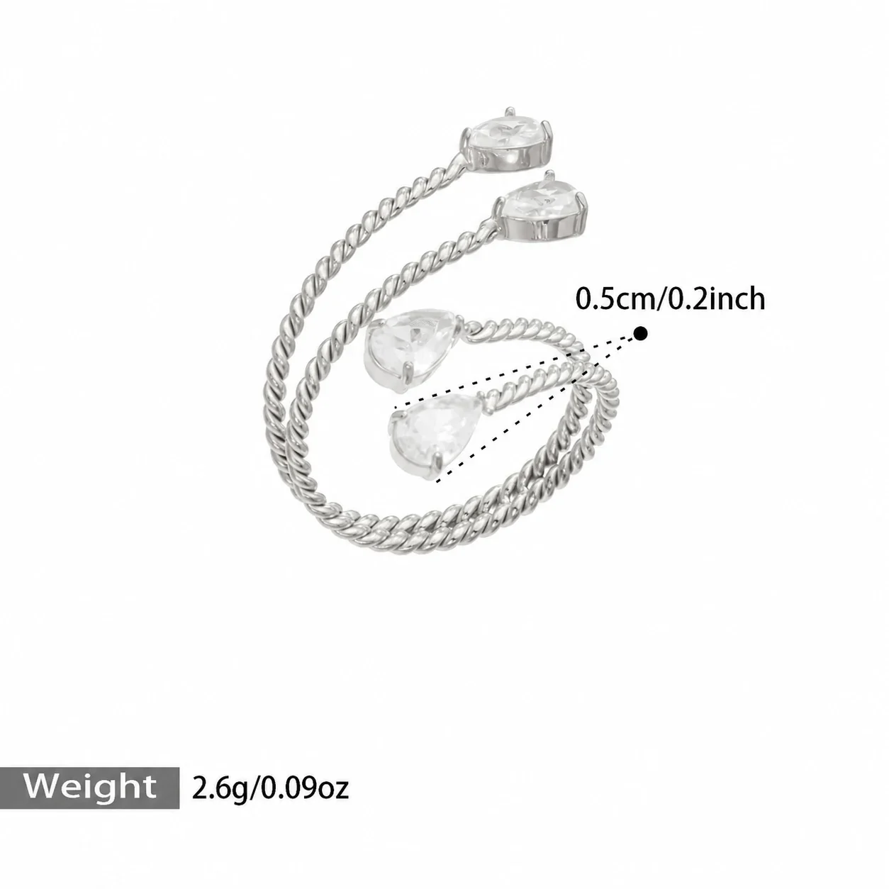 Open ring met gedraaide bypassband en zirkonia in zetting met klauwen, roestvrij staal productfoto