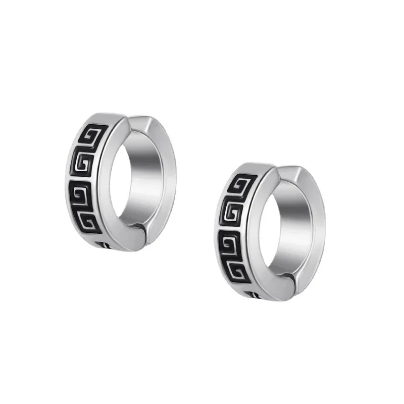 Graphic Stainless Steel Silver-Tone Greek Key Hoop Earrings