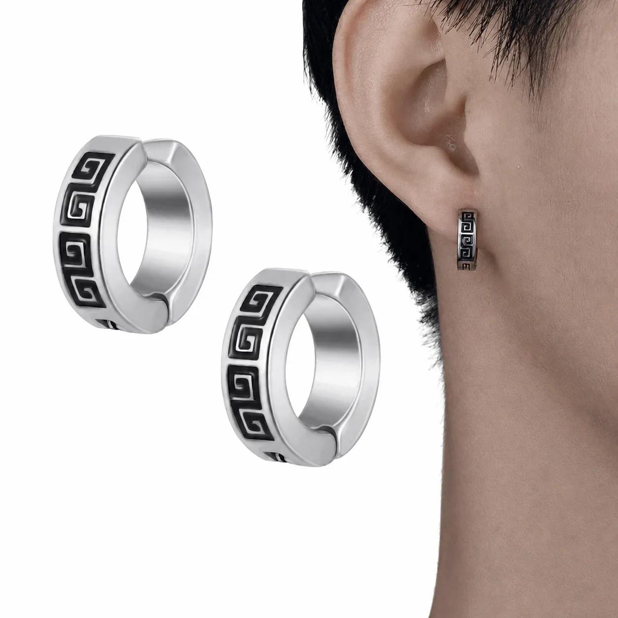 Graphic Stainless Steel Silver-Tone Greek Key Hoop Earrings
