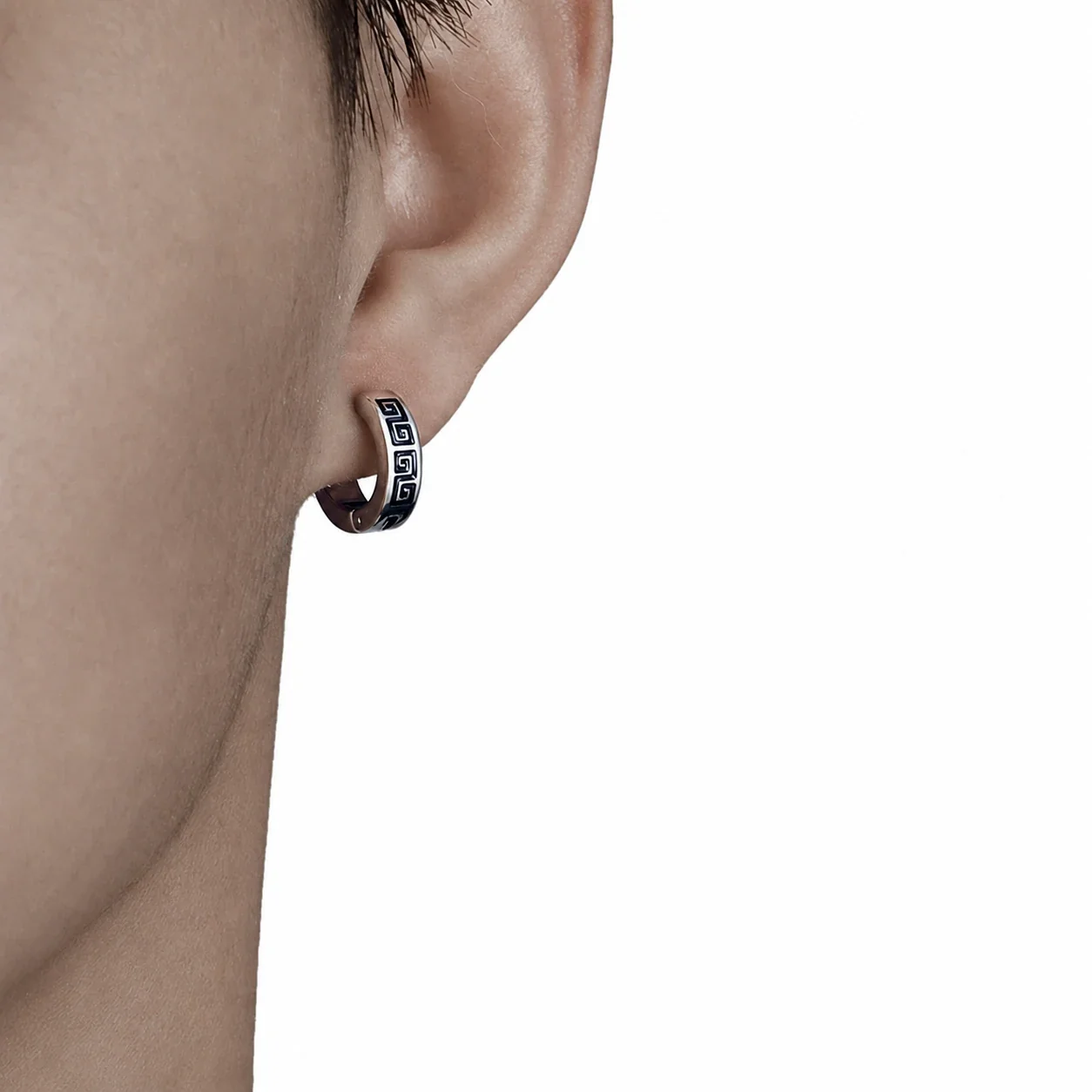 Graphic Stainless Steel Silver-Tone Greek Key Hoop Earrings