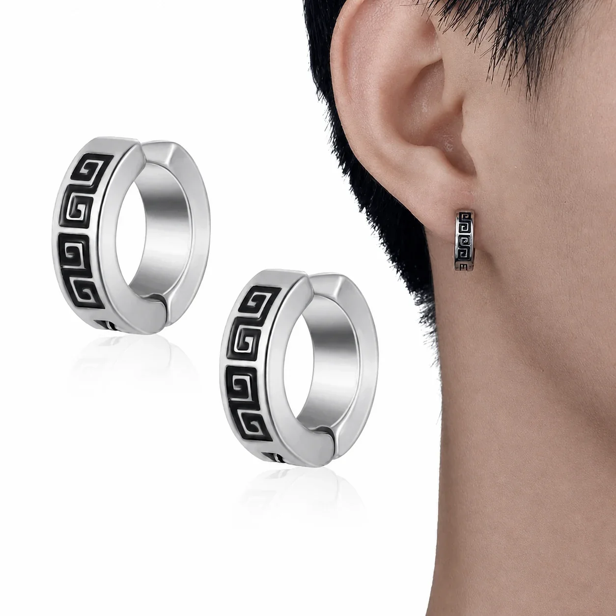 Graphic Stainless Steel Silver-Tone Greek Key Hoop Earrings - Silver Clip-On Greek Key