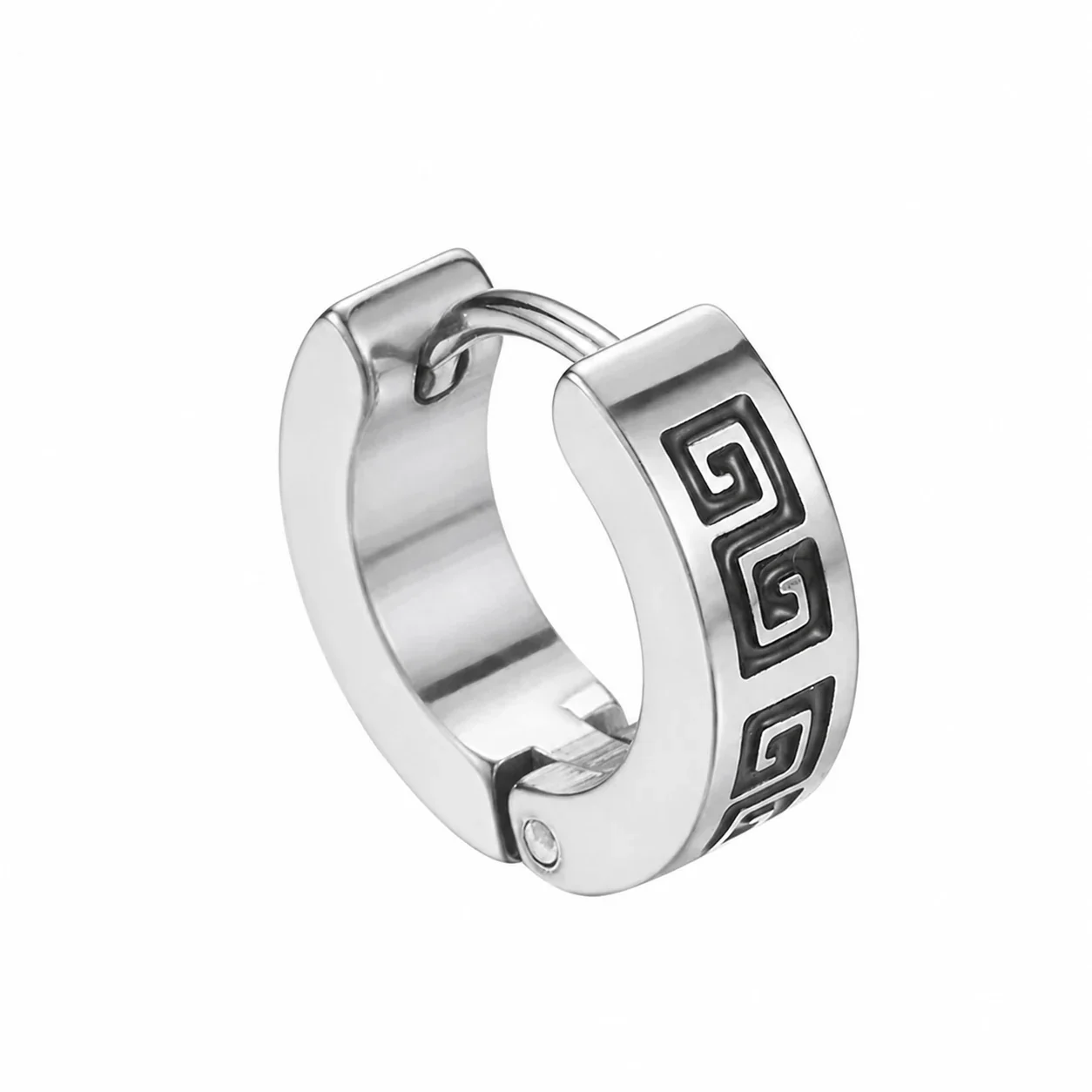 Graphic Stainless Steel Silver-Tone Greek Key Hoop Earrings - Silver Pierced Greek Key